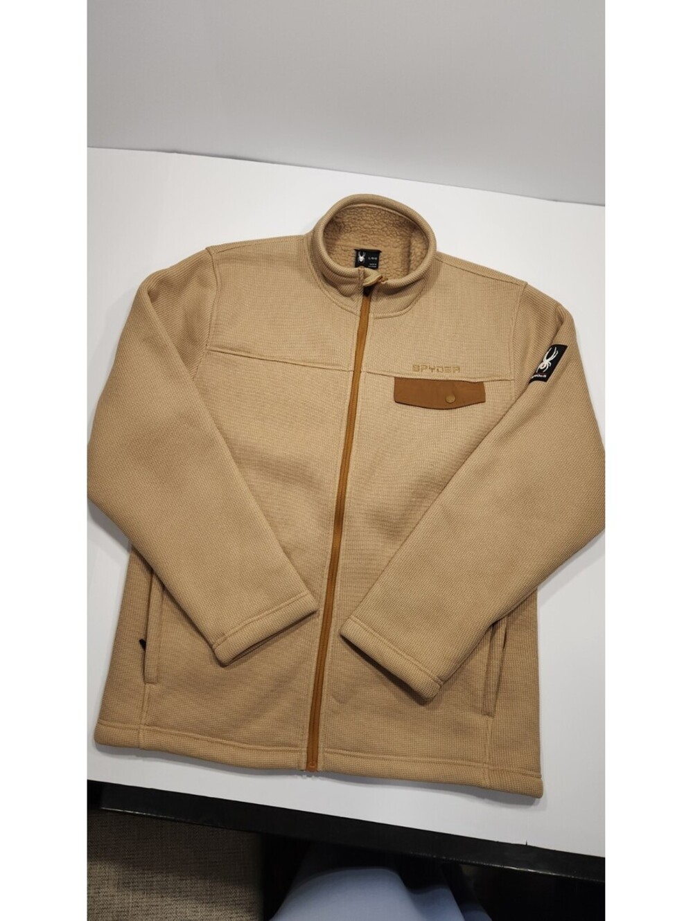 Spyder Large Men Sherpa Fleece Jacket Tan Full Zip Waffle Outdoor Winter Jacket